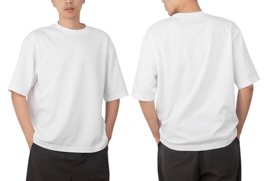young man in blank oversize t-shirt mockup front and back used as design template, isolated on white