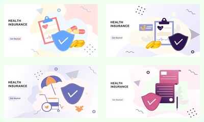 Wall Mural - Landing pages of health insurance. Concept of medical insurance and life insurance. Protection of health and life of people with document insurance. Healthcare, finance and medical service web design.