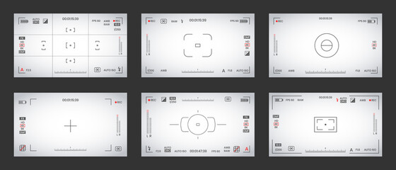 Wall Mural - Camera viewfinder video or photo frame recorder flat style design vector illustration set. Digital camera viewfinder with exposure settings and focusing grid template.