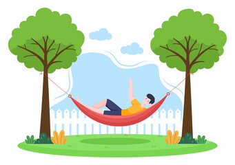 People Lying on Hammock in Park Flat Cartoon Vector Illustration. Summer Vacation Outdoor Picnic Between Two Trees