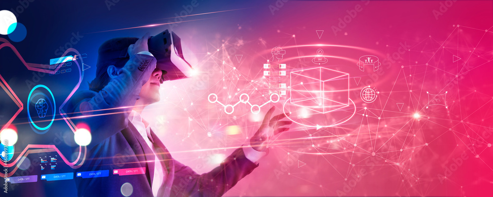 Metaverse Technology concept. Businessman use VR virtual reality goggle ...