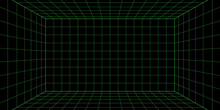 3d Wireframe Grid Room. 3d Perspective Laser Grid 16 9.. Cyberspace Black Background With Green Mesh. Futuristic Digital Hallway Space In Virtual Reality. Vector Illustration.