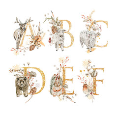 Watercolor hand painted christmas latin alphabet. Golden letters, numbers with woodland animals, winter floral, cotton flowers, snowflakes for new year decor, greeting cards, logo.