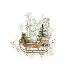 Watercolor wild forest. Hand painted christmas composition of sleigh, winter fir tree, snow, golden snowflakes. New year forest. illustration for card design, print.