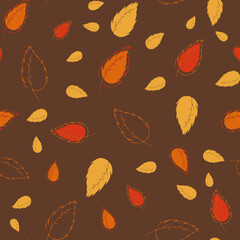 Poster - Retro colors orange, brown and yellow leafs with texture repeat pattern print background
