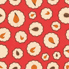 Poster - Retro colors red, off white orange and brown with flower dots and leafs with texture repeat pattern print background