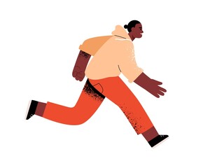 Poster - Person running, hurrying and rushing forward to aims and aspirations to succeed in life race. Fast lifestyle concept. Active man runner in motion. Flat vector illustration isolated on white background