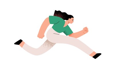 Poster - Person running fast and rushing. Life hurry concept. Woman runner with determined aim and ambition moving forward with strong efforts to succeed. Flat vector illustration isolated on white background
