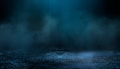 Wall Mural - dark street, wet asphalt, reflections of rays in the water. abstract dark blue background, smoke, sm