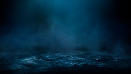 Dark street, wet asphalt, reflections of rays in the water. Abstract dark blue background, smoke, smog. Empty dark scene, neon light, spotlights. Concrete floor