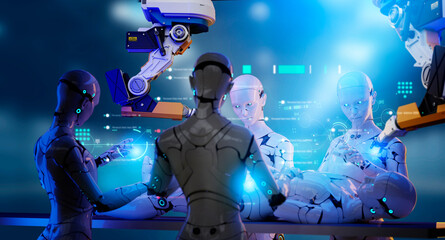 Poster - computer aided manufacturing, 3d ai artificial intelligence teamwork robot, robot arms in smart fact