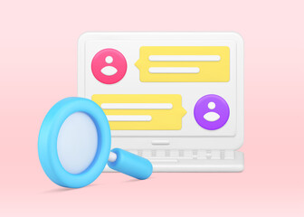 Poster - Chatting dialogue message web cyberspace at laptop display magnifying glass 3d icon illustration