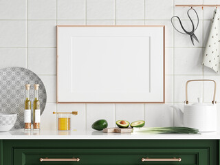 Wall Mural - poster mockup, kitchen frame mockup, modern kitchen interior, 3d render