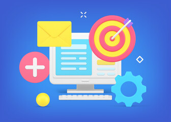 Poster - Computer desktop with open information file with machine mechanism, target aim, new email envelope