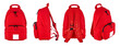 Set of four angles of a red backpack made of water-repellent polymer fabric, with a zipper, with an external patch pocket, isolated on a white background.