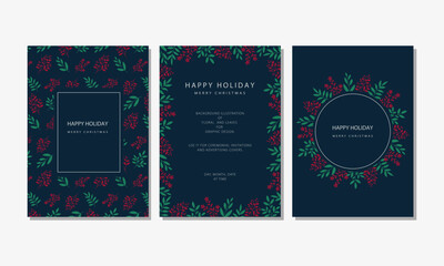 Holiday and New Year Cards template set, Red and Green Leaves on Navy Background