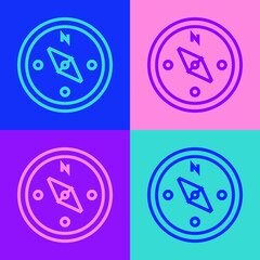 Poster - Pop art line Compass icon isolated on color background. Windrose navigation symbol. Wind rose sign. Vector