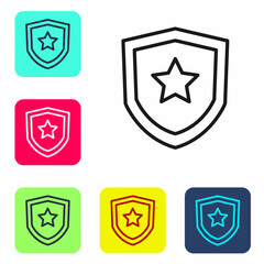 Sticker - Black line Police badge icon isolated on white background. Sheriff badge sign. Set icons in color square buttons. Vector