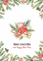 Wall Mural - watercolor vector christmas card with gift boxes and fir branches.
