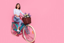 Photo Of Funky Shiny Young Lady Dressed White Jumper Enjoying Riding Bicycle Empty Space Isolated Pink Color Background
