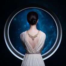 Cosmos Beauty Woman Stands At The Porthole Window Looking At The Stars And Galaxies. Necklace Jewelry Around A Woman Neck