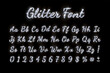 Silver glitter shiny holiday font with glow lights on black background. Vector