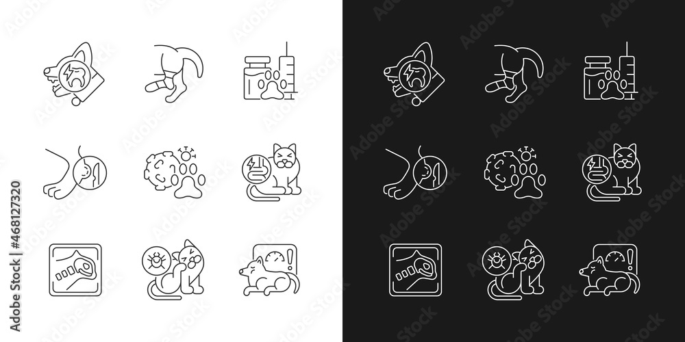 Pet physical injuries linear icons set for dark and light mode ...