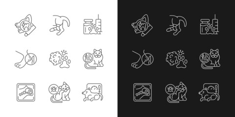 Wall Mural - Pet physical injuries linear icons set for dark and light mode. Domestic animal disease. Infectious parasites. Customizable thin line symbols. Isolated vector outline illustrations. Editable stroke