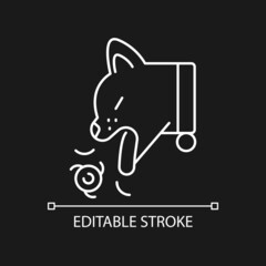 Sticker - Hairballs white linear icon for dark theme. Cats grooming by product. Stomach content vomiting. Thin line customizable illustration. Isolated vector contour symbol for night mode. Editable stroke