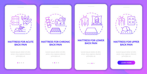 Mattresses for back pain purple gradient onboarding mobile app page screen. Walkthrough 4 steps graphic instructions with concepts. UI, UX, GUI vector template with linear color illustrations
