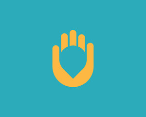 Poster - Abstract pin in the hand palm logo design. Universal minimalistic destination, gps, navigation vector sign symbol logotype.