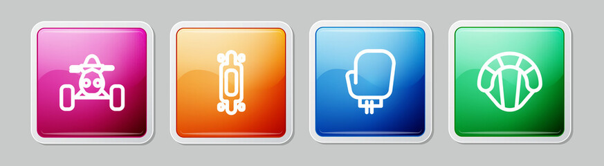 Sticker - Set line ATV motorcycle, Longboard skateboard, Boxing glove and Parachute. Colorful square button. Vector