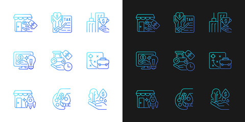 Sticker - Small business financial support gradient icons set for dark, light mode. Tax payments deduction. Thin line contour symbols bundle. Isolated vector outline illustrations collection on black and white