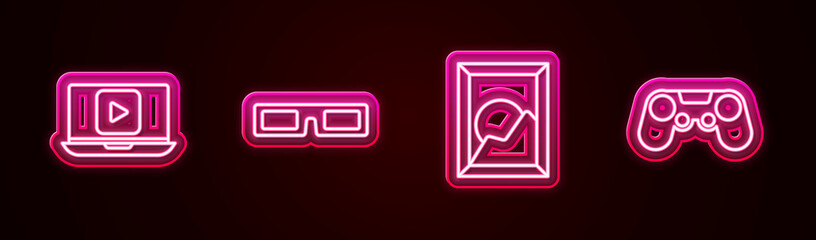 Sticker - Set line Online play video, Cinema glasses, Picture landscape and Gamepad. Glowing neon icon. Vector