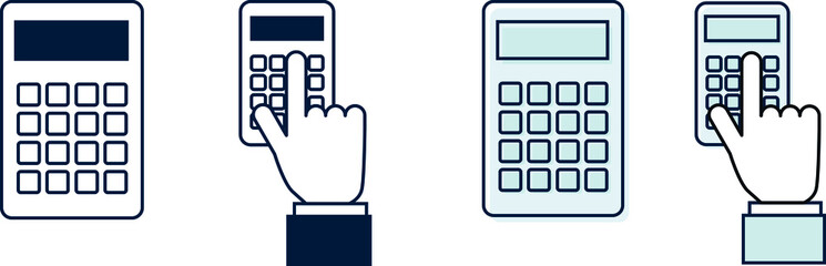 icône ou pictogramme montrant une calculatrice et une main appuyant sur les touches.  Métiers de la comptabilité, des finances et des affaires mais aussi gestion ou calcul des impôts