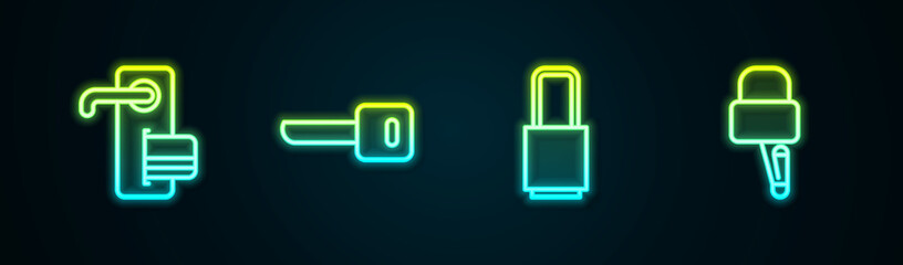 Sticker - Set line Digital door lock, Key, Lock and picks for picking. Glowing neon icon. Vector