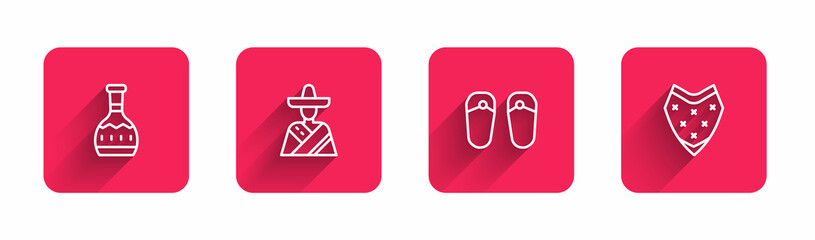 Wall Mural - Set line Tequila bottle, Mexican man sombrero, Flip flops and Poncho with long shadow. Red square button. Vector