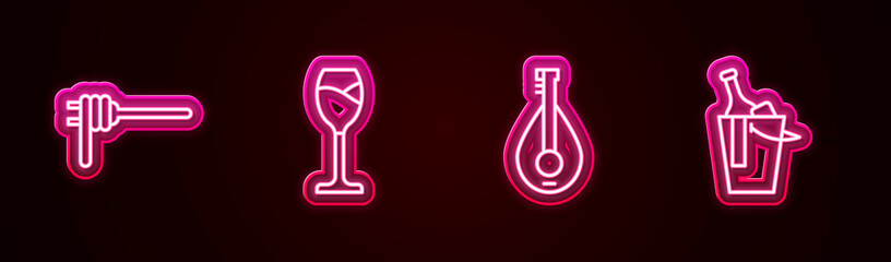 Poster - Set line Pasta spaghetti, Wine glass, Mandolin and Bottle of wine bucket. Glowing neon icon. Vector