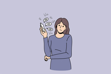 Upset young woman talk on cellphone feel bored by online communication, say blah blah in bubble. Unhappy girl annoyed bothered with smartphone conversation or call. Flat vector illustration. 