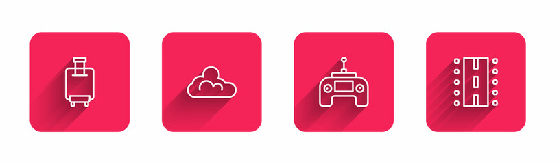 Sticker - Set line Suitcase, Cloud weather, Drone remote control and Airport runway with long shadow. Red square button. Vector