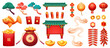 Temples and castles with roof and columns, character Fu. Gates with hanging lanterns, sakura blossom and pine trees, coins and money in bag, red hong bao envelopes. Fish carp and sack with wealth