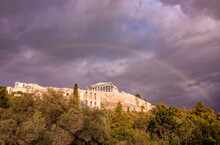 Rainbow Over The Acropolis 
The Acropolis Of Athens Is An Ancient Citadel Located On A Rocky Outcrop Above The City Of Athens.