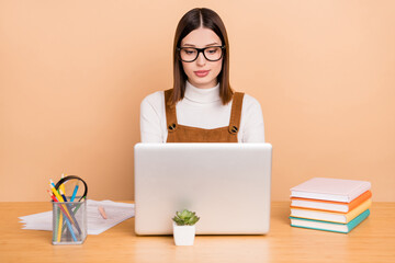 Wall Mural - Portrait of attractive skilled focused girl employee agent broker using laptop isolated over beige color background