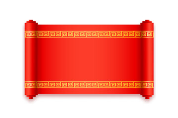 Poster - Chinese New Year scroll with traditional golden ornamental elements on red background. Vector holiday banner backdrop, mid autumn festival. Greetings card in korean japanese style, flat cartoon design