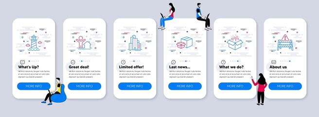 Poster - Industrial icons set. UI phone app screens with teamwork. Included icon as Open box, Packing boxes, Lighthouse signs. Skyscraper buildings, New house, Warning road line icons. Vector