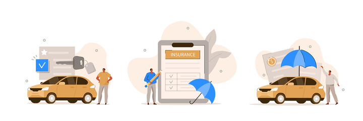 Wall Mural - Auto insurance illustration set. Character buying or renting car and signing full coverage insurance policy. Car safety, assistance and protection concept concept. Vector illustration.
