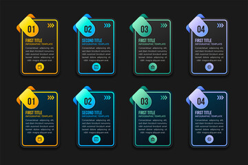 Poster - Four steps modern rectangle black infographics banner. Vector illustration. can be used for workflow layout, diagram, web design, number options. 