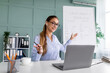 © Prostock-studio - Online education. Young English teacher having video conference chat with students, talking to laptop webcamera