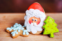 Christmas Homemade Gingerbread Cookies. Santa, Snowflake And Pine Tree 
