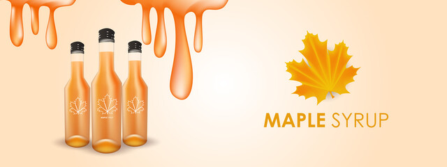maple syrup, realistic vector illustration of glass bottle and maple leaves and dripping syrup drops